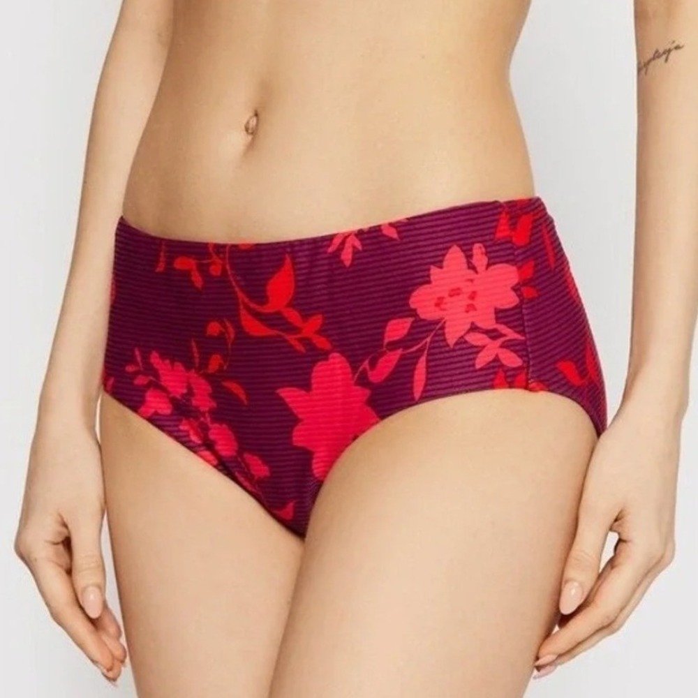 Seafolly Florence Wide Side Retro Bikini Bottom Boysenberry Floral Ribbed 14 NEW